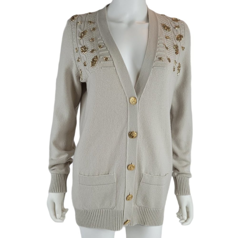 New Chanel Taupe Cashmere Cardigan with Beading